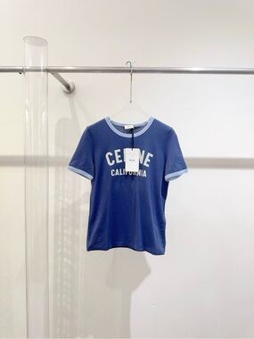 Celine Navy with Light Blue Trim 'Celine California' Short Sleeve Tee